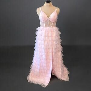 Crystal Doll "Juliet” Formal Gown Size 15 Lace Bodice Ruffle Skirt Baby Pink
